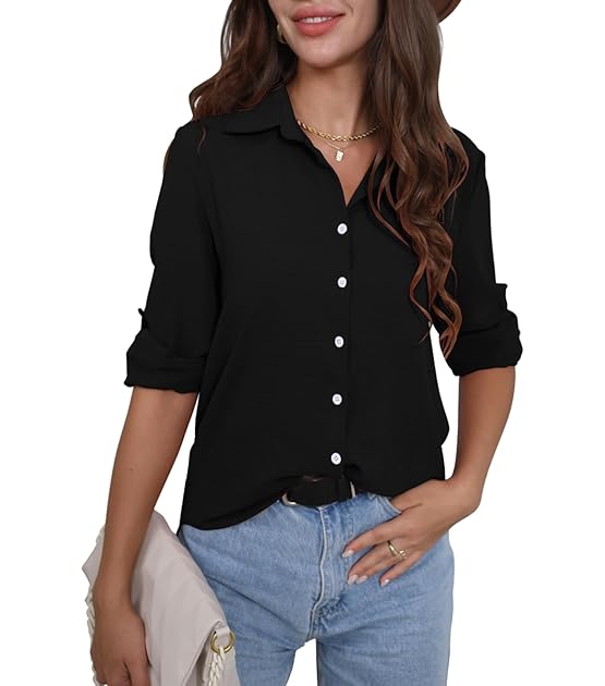 Damen Hemd Freizeit Bluse 3/4 Ärmel Chiffon Elegant Hemdbluse zum Knöpfen V-Ausschnitt Langarmshirt Causal Oberteile Oberteil Shirt