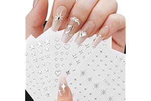 JALIYA 3D Metallic Silber Nagelsticker Sterne Nagelaufkleber Nagelfolie Selbstklebend Nagel Sticker Nailart Herz Nagel Aufkleber Star Nail Sticker Heart Nail Art Stickers Nageldesign Sticker Nägel Zubehör