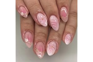 Zosutetoxo Press on Nails Short Almond 3D blommor rosa ombre guld naglar att klistra på kort lösnaglar set för kvinnor naglar