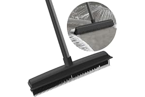 SWETHAW 2 in 1 Rubber Broom with Squeegee Edge, Carpet Brush with Adjustable Long Handle Outdoor Soft Push Broom for Pet Cat Dog Hair Removal Carpet Kitchen Garden Yard Window Cleaning (Black Fur Removal)