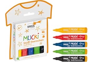 KREUL 27156 - MUCKI Stoff Sternchen, 5 Stoffmalstifte für Kinder in gelb, rot, blau, grün und schwarz, Strichstärke 2 - 5 mm, für zauberhafte Kunstwerke auf hellen Textilien
