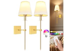 PSATFITO G Rechargeable Battery Operated Wall Sconces - Wireless LED Lights for Bedroom with Remote Control, Dimmable Wall Lamps, 400 Lumens, 5000mAh, Easy Install, Perfect for Home Decor,2 Pack（Gold）