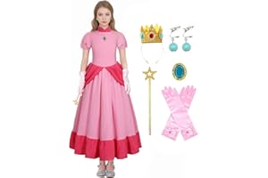 Coseaon Prinzessin Peach Kostüm Mädchen Pfirsich Kleider Cosplay Costume Set mit Krone Handschuhe Zauberstab Peach Dress Kinder Halloween Weihnachten Karneval Verkleidung 4-15 Jahre