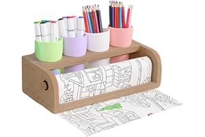 HIGYEE Rollenhalter für Zeichenpapier | Holzrolle Zeichenpapier Stifthalter mit Behältern | Sauberer Papierschnitt und hervorragend für Kinder, die auf dem Tisch zeichnen, Tischzubehör