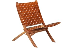 vidaXL Relaxing Chair - Genuine Leather Crossed-Stripe Design, Sturdy Acacia Wood Frame - Foldable, Pre-Assembled Brown Lounge Chair for Living Room and Outdoor