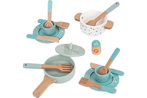 DILPEAK Wooden Toddler Toy Kitchen Pots and Pans, Toy Kitchen Accessories, Role Play Cookware Set, Pretend Play Cooking Simulation Educational Toys for Boys and Girls 3 4 5 6 7 8 Year Olds