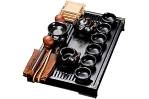 fanquare Chiński zestaw do herbaty Kung Fu, z czarnej ceramiki, z tacą do i małymi przyborami do herbaty, porcelanowy serwis do herbaty