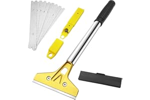 Fervalyna Rasqueta Vitrocerámica con 10 Cuchillas de Acero Al Carbono 100 mm, Rasquetas con Larga Mango, Cuchilla Rascador para Ventana de Vidrio, Parabrisas, Granito, Limpieza de Paredes