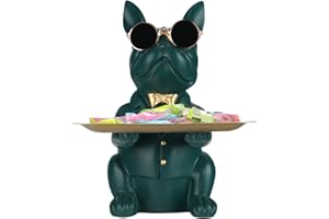 QIANLING Resina Verde Vassoio Bulldog Francese Statua Con Vassoio In Acciaio Inossidabile, Chiave Della Caramella Piccole Parti Vassoio Portaoggetti Salvadanaio, Soggiorno, Camera Da Letto,Centrotavola
