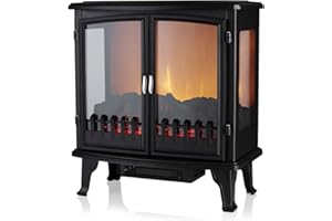 Warmlite WL46027 Carlisle Double Door Panoramic Stove with Two Heat Settings, Adjustable Thermostat and Overheat Protection, 1800W, Black