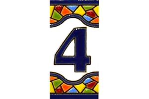 ART ESCUDELLERS Números casa. Letreros con numeros y letras en azulejo de ceramica policromada, pintados a mano en técnica cuerda seca para placas con nombres, direcciones y señaléctica. Texto personalizable. Diseño MOSAICO MINI 7,3 cm x 3,5 cm. (NUMERO CUATRO "4")