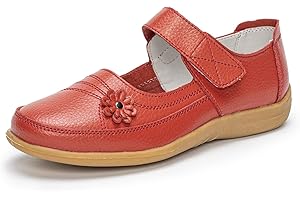 Rusffes Womens Leather Mary Jane Shoes Ladies Wide Fit Flat Shoes Casual Work Office Nurse Shoes