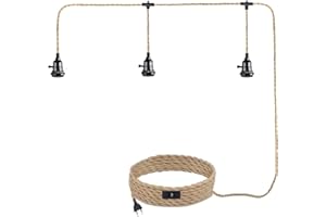 ‎JZCDR JZCDR Hanfseil Pendelleuchte mit Stecker 3-Flammig Vintage Hängelampe Lampenkabel mit Schalter Lampenfassung E27 mit Kabel 8,5M DIY Pendellampe Industrial für Esstisch Schlafzimmer, Ohne Glühbirne