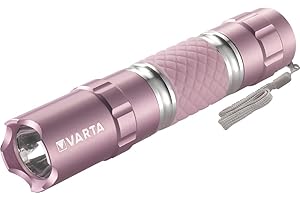 VARTA Lampe Torche LED incl. 1x pile AA, Lipstick Light, lumière, lampe de poche avec dragonne, boîtier en aluminium et poignée en caoutchouc, facile à trouver - brille dans le noir, rose