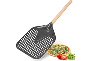 Gotoll Pelle à Pizza Perforée 10 pouces Plaque à Pain Pizza Baking en Aluminium et Bois avec Manche Amovible