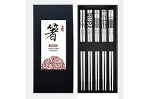 Bosdontek Metalowe pałeczki wielokrotnego użytku, 5 par pałeczek ze stali nierdzewnej, nadają się do mycia w zmywarce, z grawerowanym wzorem, japońskie pałeczki do siekania, łatwe czyszczenie, zestaw upominkowy, srebrne, wzór B