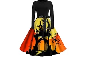 EZJOBLA Halloween Costumes for Women, Halloween Long Sleeve Round Neck Elegant Dress Halloween Party Dress Ladiess Bowknot A Line Dress Womens Halloween Outfits Prom Swing Printing Holiday Clothing