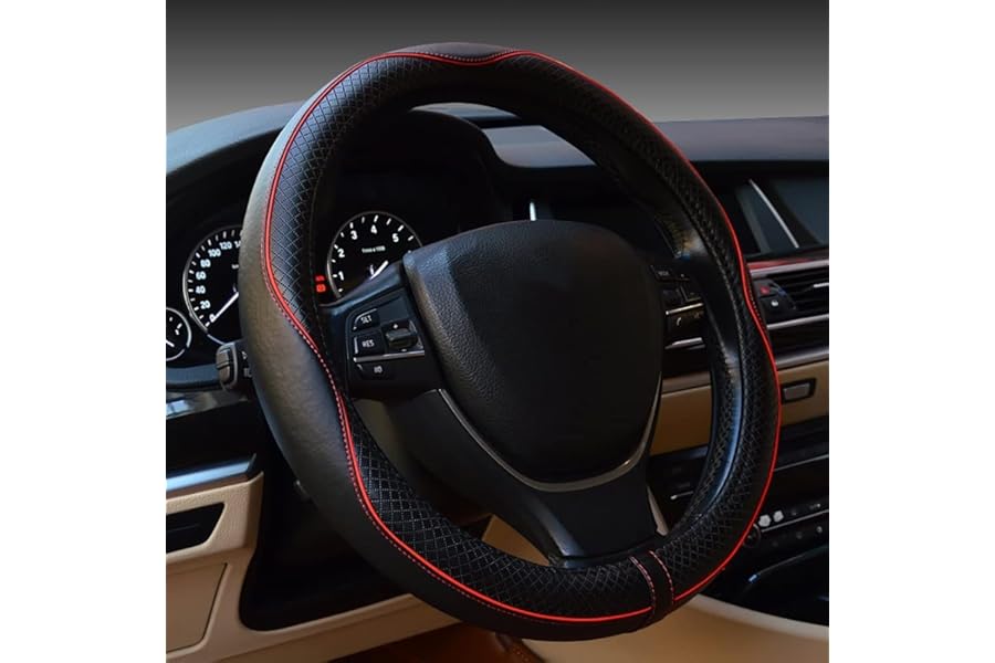 Gomass Car Steering Wheel Cover, Anti-Slip, Safety, Soft, Breathable, Heavy Duty, Thick, Full Surround, Sports Style (Black with Red line)
