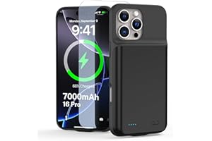 YONHUIZI Akkuhülle für iPhone 16 Pro (6,3"), 7000mAh Wiederaufladbar Batterie Ladehülle Akku mit Panzer Schutz Glas, Powerbank Hülle Zusatzakku Akku Case Akku Ladehülle Handyhülle-Schwarz