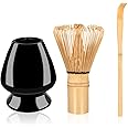 VYLORI Matcha Whisk Set, Matcha Stirrer Set, Handmade from 100% Natural Bamboo, 3-piece Set (Matcha Stirrer + Bamboo Spoon with Hook + Matcha Brush Placeer), Bamboo Whisk (Black)