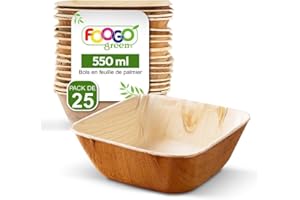 FOOGO Green 25pcs Bols Jetables en Feuille de Palmier, 13cm, 550ml, pour Desserts & Salade, Carré, Écologique Biodégradable Compostable, Comme Bols Bois, Bambou et Papier, Fête, Apéritifs