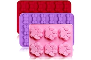 SIMUER Juego de 3 moldes de silicona para hielo con forma de huella de perro y hueso, molde para hornear, para hacer chocolate, caramelos, color rosa, rojo y morado