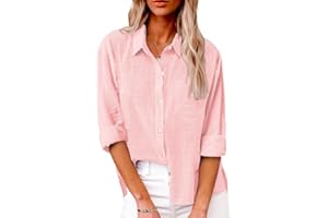Friptspyg Blusa de Mujer con Cuello en V y Manga Larga 100% Algodón Casual con Bolsillo Suelta y Versátil para Verano