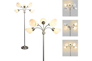 FIRVRE Argento 5 Lampada da Terra A Più Teste Lampada da Terra A Palo Alto piantana Collo di Cigno Regolabile Luce Moderna Paralumi in PVC Bianco Per Soggiorno Camera da Letto Studia Stanza