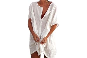 Sfit Damen Strandkleid Bikini Cover Up mit Rund Ausschnitt Knopfleiste Kurzarm Beach Strandponcho Pareos Sommerkleid Locker Bademode Strandtunika Vertuschen Shirt für Urlaub