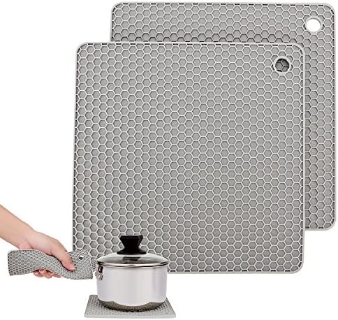 UCOOLY Silicone Trivet,Heat Resistant Pot Holders,Thick and Flexible Hot pads Spoon Rest,Jar Opener Coasters(7.1”X 7.1” Grey,Set of 2) Non Slip, Durable, Dishwasher Safe Oven Mitts by