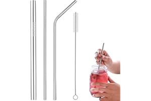 WOLMIK Pajita de acero inoxidable, 3 pajitas de metal reutilizables con limpiador de popote, pajita Boba de 12 mm, popote recto de 6 mm y doblado de 6 mm, 215 mm