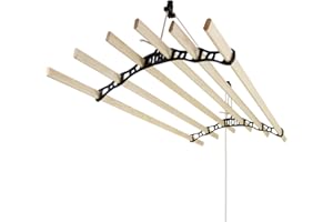 MONSTER SHOP Suszarka do ubrań, sufitowa, linka do prania, tradycyjna instalacja, 6 listew, suszarka do prania, kompaktowa, wewnętrzna szyna czarna drewno sosnowe i malowane proszkowo, żelazo, 150 cm dł. x 56 cm