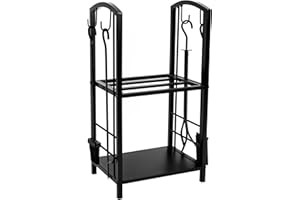 Holtaz Feuer Ensemble de 5 Outils Pour Cheminée Brosse Pelle Pince Tisonnier Support Pour Eminée Accessoires de Cheminée Noirs Range-Bûches 74x40,2x30 cm