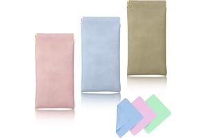 NCOALE Leather Glasses Case, 3 Pack Portable Squeeze Top Soft Glasses Pouch Water Proof Sunglasses Case Pouch with Cleaning Cloth, Eyeglass Storage Bags for Women Men Kids