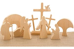 NSXIN Wooden Easter Nativity Scene Wooden Decoration Set, Handmade Jesus Nativity, Wooden Cross, Easter Figure, Easter Decoration, Resurrection Scenes Set, Nativity Figures Made of Wood for Home,
