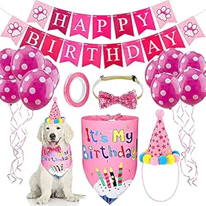 KUTKUT Dog Birthday Bandana Set | Dog Birthday Hat Dog Birthday Bandana Scarf | Shining Dog Bow Tie Collar | Dog Print Happy Birthday Banner and 10 Piece 12 Inch Paw Print Balloon with Tape for Boy Girl Dog