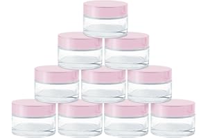 TUAKIMCE 10 Stück Kosmetisches Glas, 20ml Transparentes Glas Cremedose, Nachfüllbare Behälter Transparentes Glasbehälter mit Rosa Deckel und Liner für Kosmetik Cremes Lotionen ätherische Öle