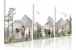KEPUARM 3Pcs Toiles Encadrées Pour Décoration Murale de Chambre D'enfant, Animaux Sauvages, Forêt, Affiches Sur Le Thème de L'aventure, Cerf, Renard, Peintures à L'aquarelle (30 x 40 cm)
