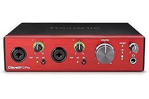 Focusrite Clarett+ 2Pre, interfaccia audio USB-C alimentata tramite bus per la produzione musicale, con due preamplificatori professionali e uscite per cuffie/ingressi strumenti potenti e trasparenti