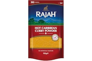 ‎KAJAL Rajah Hot Caribbean Curry Powder 100g - Würzige Currymischung mit Chili, Koriander, Kreuzkümmel & mehr | Ideal für Fleisch, Fisch, Geflügel Vegetarisch mit Kajal Sticker