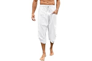 Runcati Męskie spodnie lniane 3/4, lekkie spodnie w stylu boho, luźne spodnie na czas wolny, z kieszeniami, na urlop, plażę