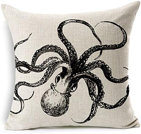 Oriskey Cotton Linen Square Throw Pillow Case Cushion Cover Shell Pillowcase for Sofa Octopus Decorative, 18"x 18"