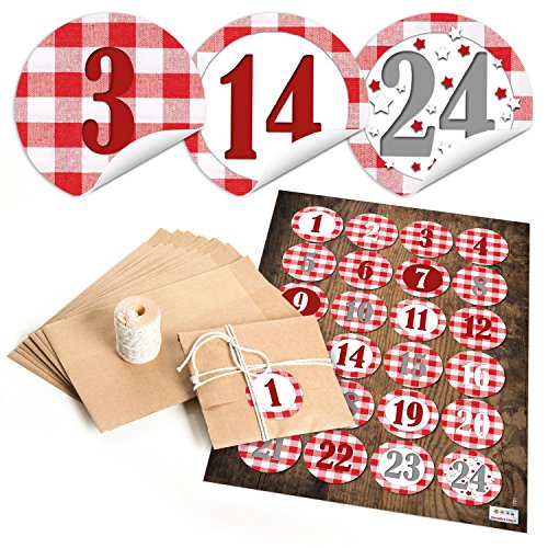 Download 'Calendrier de l'Avent : Set de 24 sacs papier (10,5 x 15 cm), fils de coton et ronds autocollants calendrier de l'avent chiffres Rouge Blanc à carreaux ; pour bricolage ou offrir.