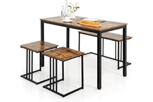 GiantexUK 4PCS Dining Set, Wooden Table with 2 Stools and Bench, Space Saving Kitchen Dining Room Sets for Restaurant Bar Cafe (Brown, without Reinforced Bar)