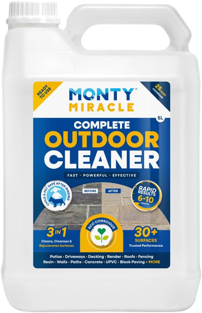 Monty Miracle® Outdoor Cleaner, 5 Litre. Clean & Rejuvenate your Patio, Decking, Fencing, Paths, Driveway, Render & More - Results in 6-10 Minutes! Slip free
