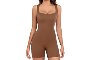 Xnova Jumpsuit for Women Sleeveless Stretchy Short Bodycon Playsuits Sexy Slim Summer Casual Rompers Square Neck One Piece Outfit Ladies Yoga Sportwear Seamless