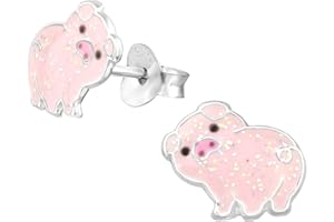 Laimons Pendientes para niña de cerdo y cerdito, amuleto de la suerte, rosa brillante, 10 mm, plata de ley 925, Plata de ley Plata esterlina Esmalte