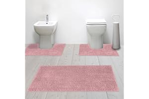 GENERICO Susanna Home – Set 3 Tappeti da Bagno in Microfibra Shaggy Antiscivolo, Tappeto Rettangolare, Giro Water e Giro Bidet, Super Assorbente, Morbido e Lavabile - Disponibile in Diversi Colori (ROSA)