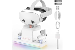 GEEKERA Estación de Carga Compatible con Meta Quest 3S, Base de Carga para Oculus Quest 3S con Luces RGB y 2 Baterías Recargables, Cargador Magnético para Quest 3S VR Accesorios