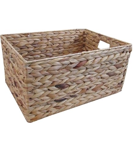 Panier De Rangement En Jacinthe D'eau Naturelle - Format Rectangulaire 32x22x16 Cm, Poignées En Bois, Tressé Main